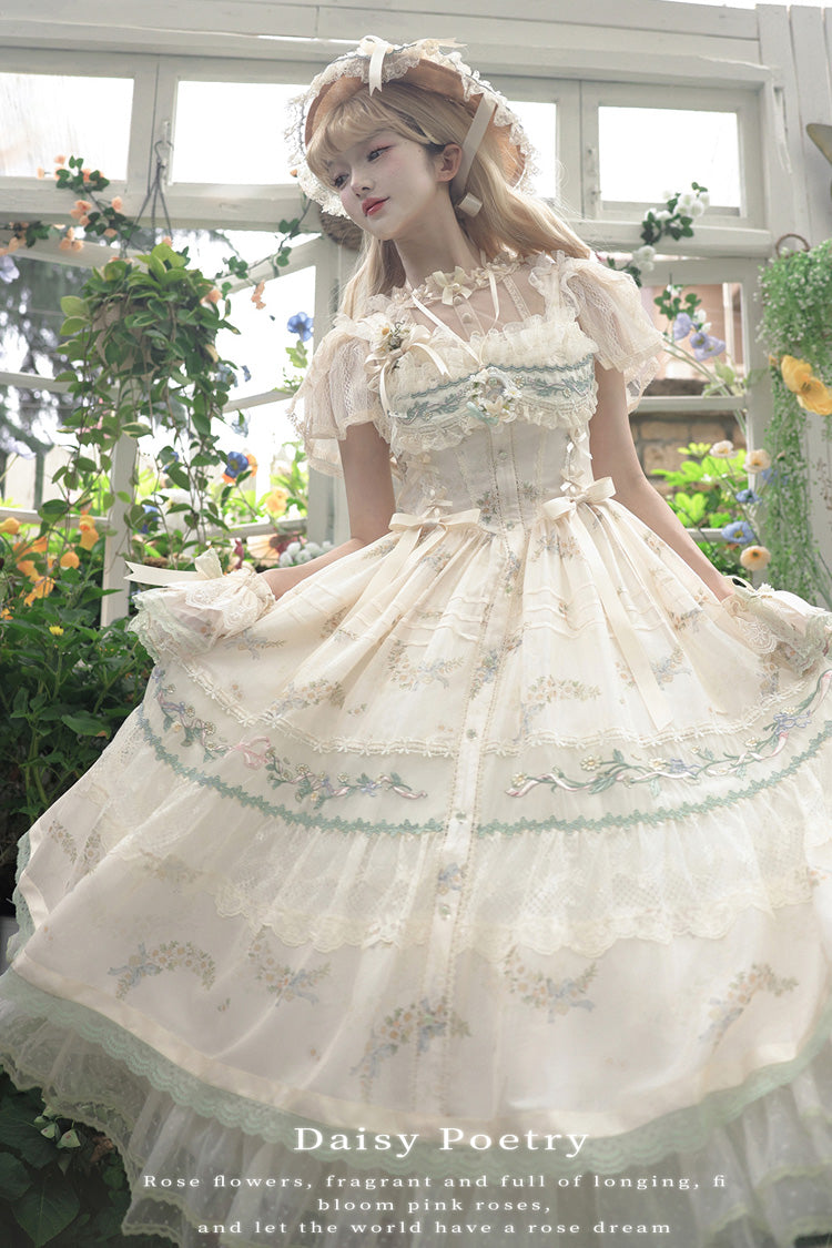 Multi-Color [Daisy Poetry] Print Ruffle Hollow Embroidery Lace Sweet Elegant Princess Lolita Jsk Dress