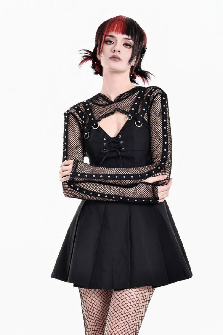 Black Long Sleeves Hooded Open Front Studded Fishnet Mesh Sheer Women's Punk Style Shrug