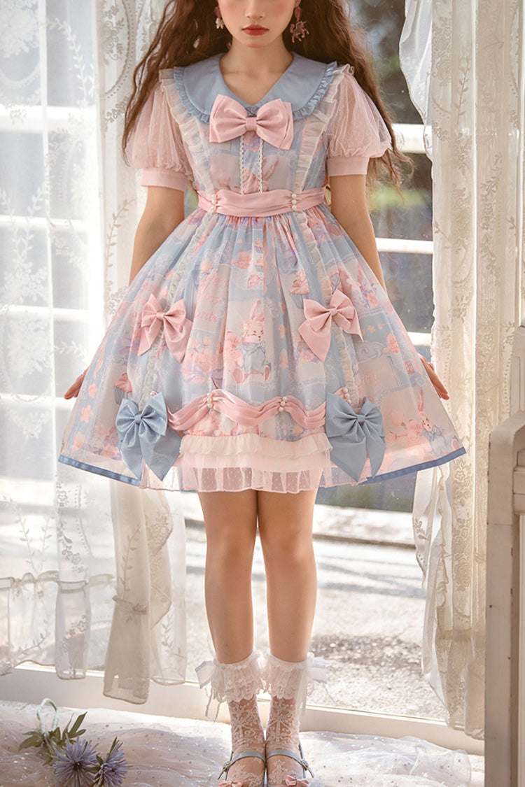 Pink/Blue Doll Collar Short Sleeves Rabbit Candy Paper Print High Waisted Sweet Lolita OP Dress