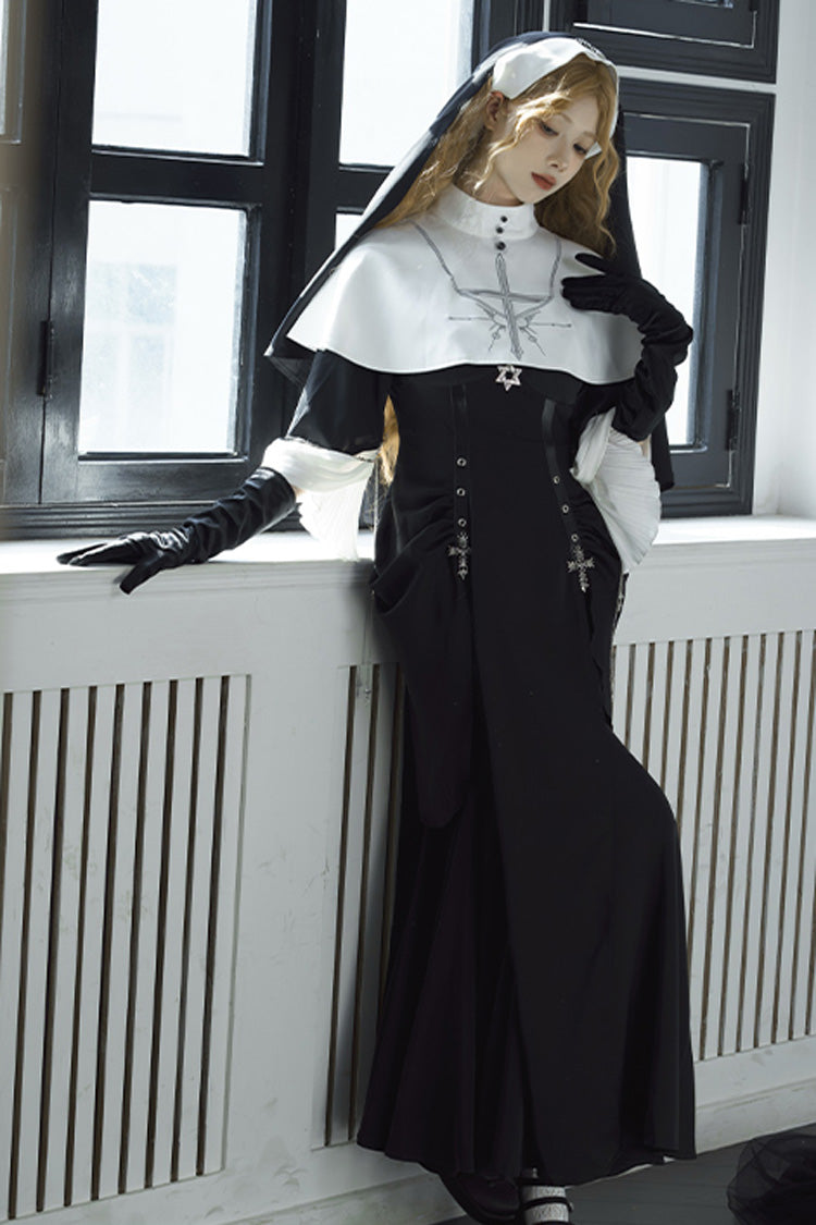Black [Halloween Night Temple Nun] Short Sleeves Print Ruffle Gothic Elegant Lolita Dress