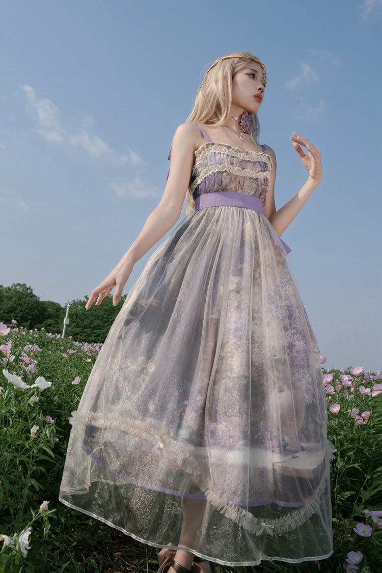 Peinture à l'huile violette [– À l'ombre des arbres en fleurs] Robe Jsk Lolita douce sans manches à imprimé volant avec nœud en dentelle 