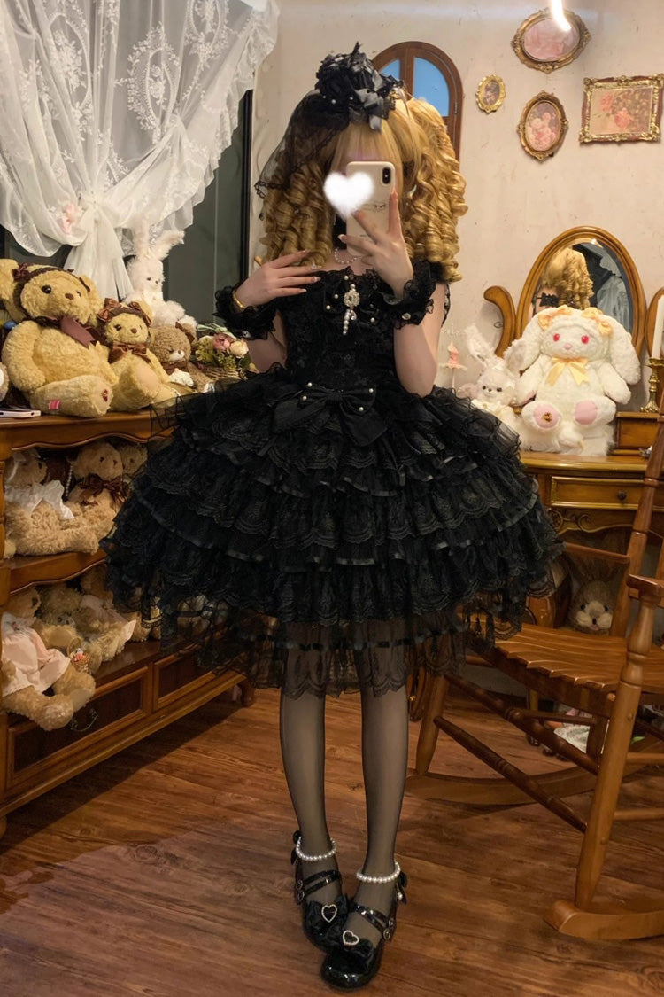 Black [Ballad of Feathers] Sleeveless Multi-Layered Ruffle Hanayome Bowknot Gothic Lolita Jsk Dress
