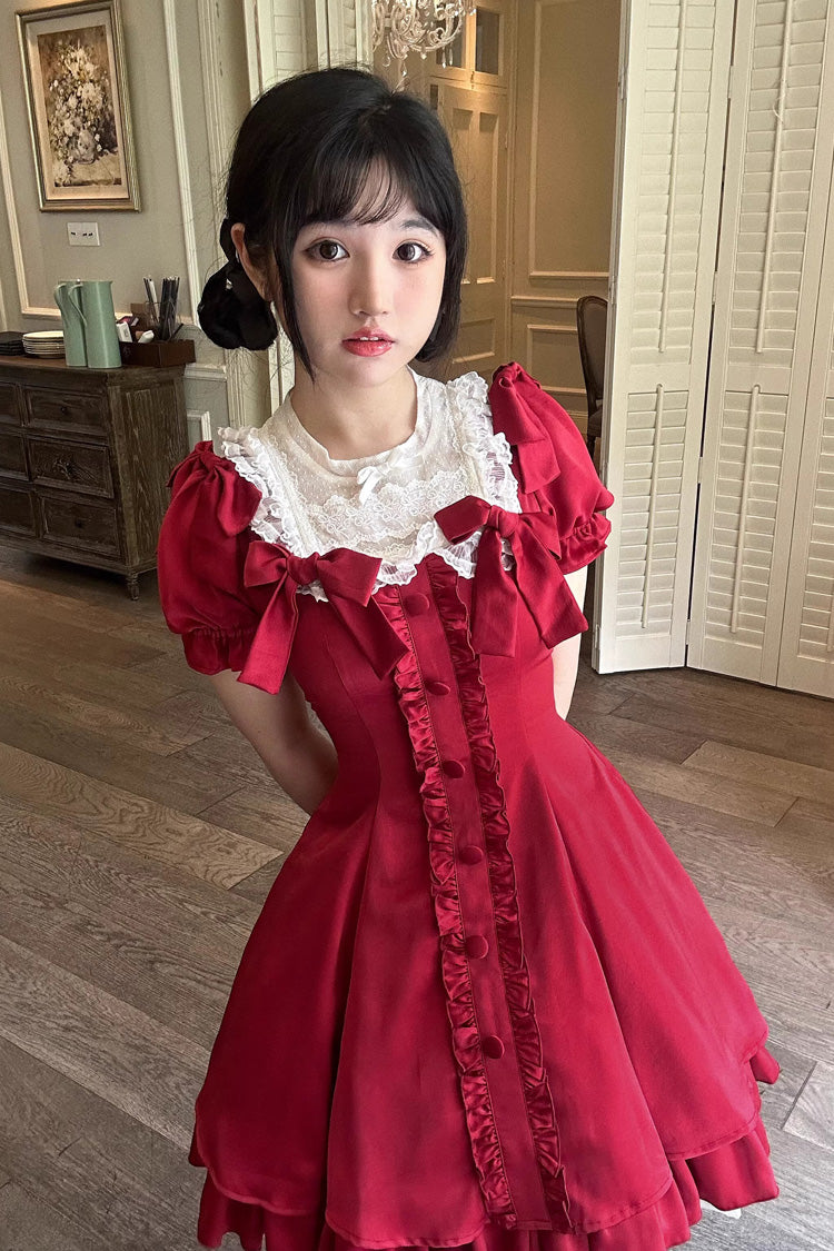 Wine Red Annie's Gift Short Sleeves Bowknot Short Version Sweet Lolita Dress (Plus Size Support)