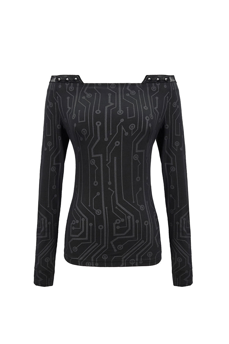 Black Printed Circuit Board Pattern Off-Shoulder Leather Strip Rivet Tight Women's Punk T-Shirt