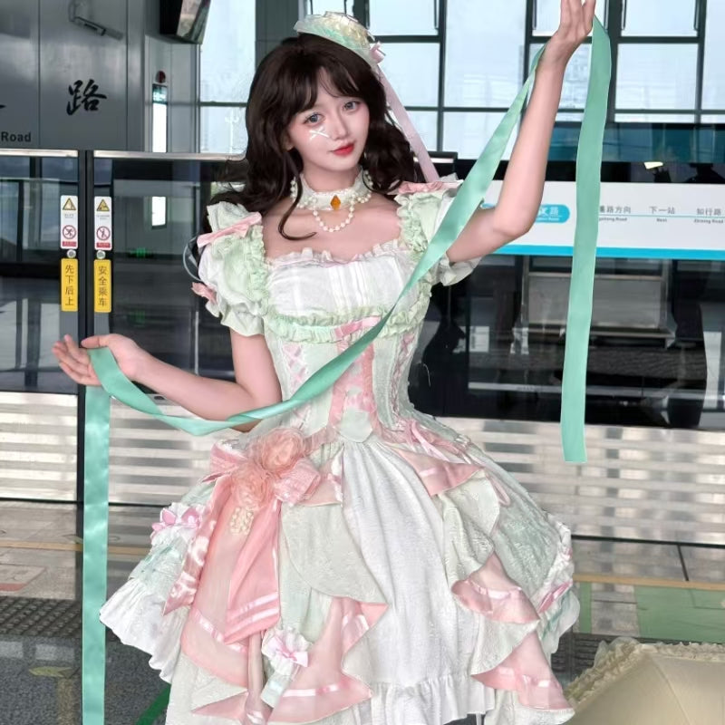 [Spring Overture] Square Collar Short Sleeves Ruffle Cardigan Bowknot Lace Sweet Elegant Lolita Skirt Set 4 Colors