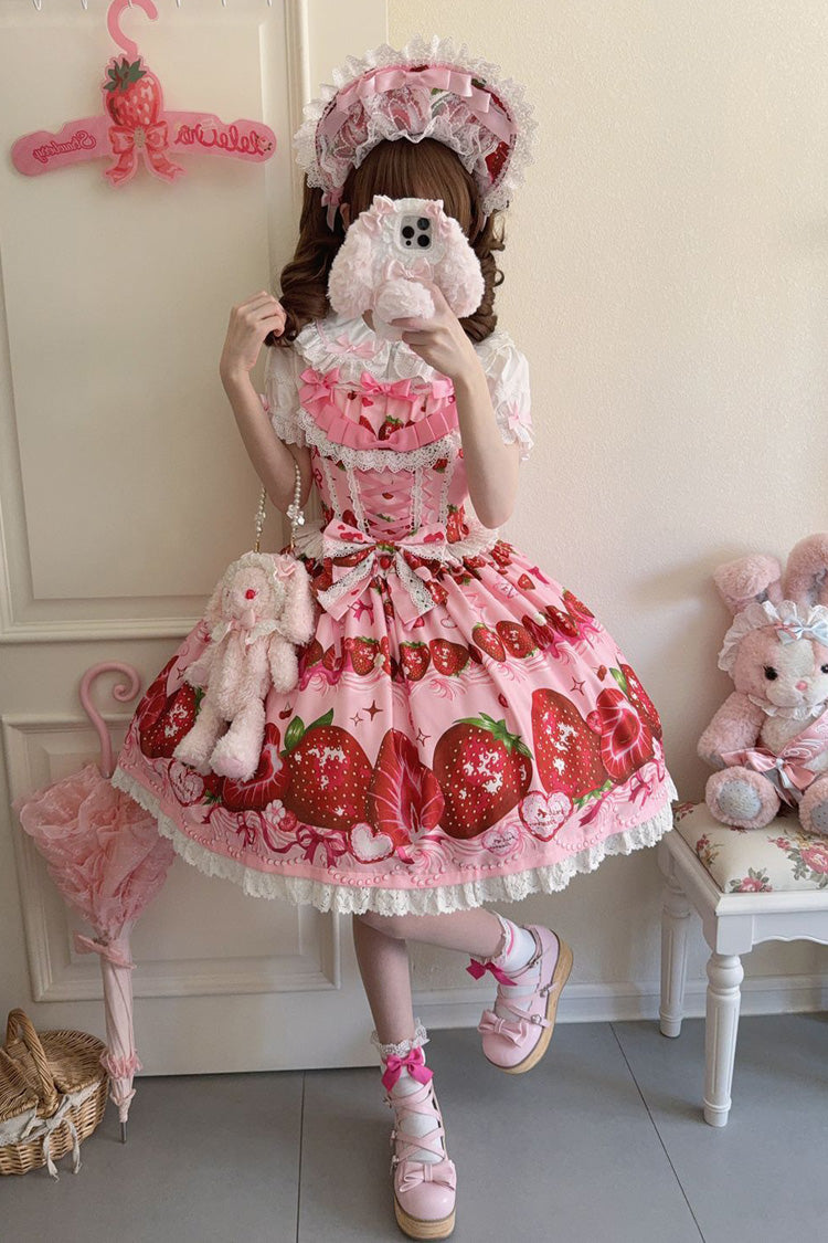 [Süße Beeren Geschichte] Erdbeerprint Rüschen Schleife Spitze Süßes Lolita Jsk Kleid 4 Farben 