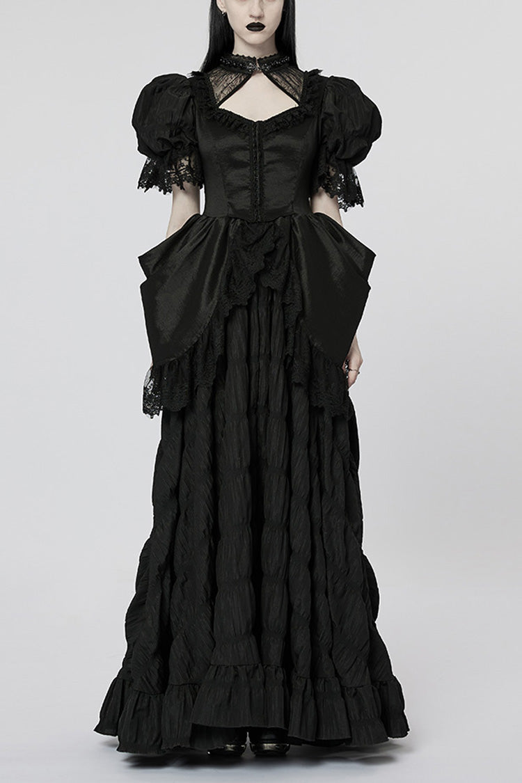 黒のショートパフスリーブフリル花嫁ステッチレースレディースゴシックドレス