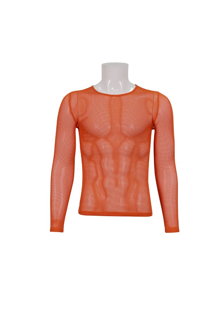 Orange Elasticity High Neck Long Sleeve Mesh Men's Gothic T-Shirt