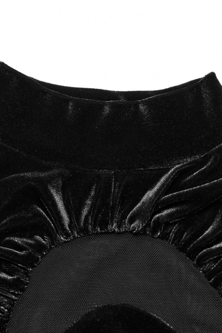 Black Moon Print Mesh Ruched Women's Gothic Blouse