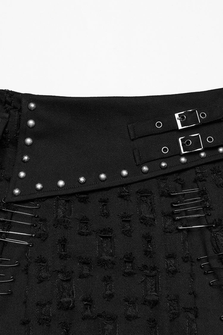 Jupe en jean punk asymétrique déchirée noire avec clous pour femme 