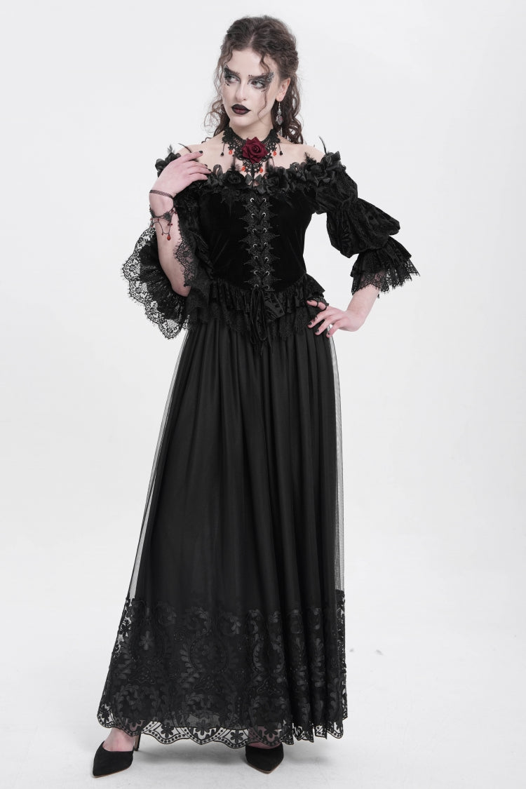 Black Stitching Floral Mesh Women's Gothic Skirt