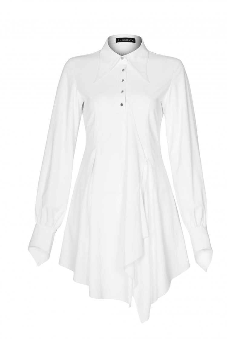 Robe punk asymétrique pour femmes, col à revers blanc, manches longues bouffantes