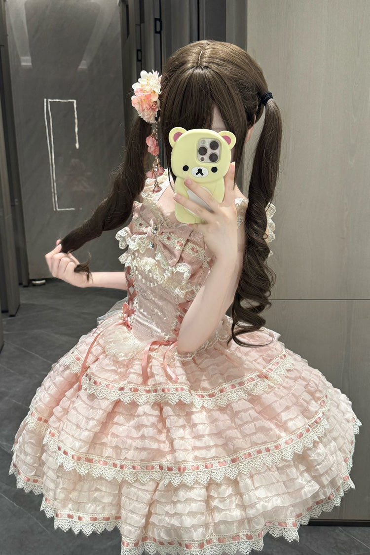Rosa [Lied der Blumenbriefe] Ärmelloses, dreischichtiges Kleid mit Schleifenband und Schnürung im süßen Lolita-Stil 