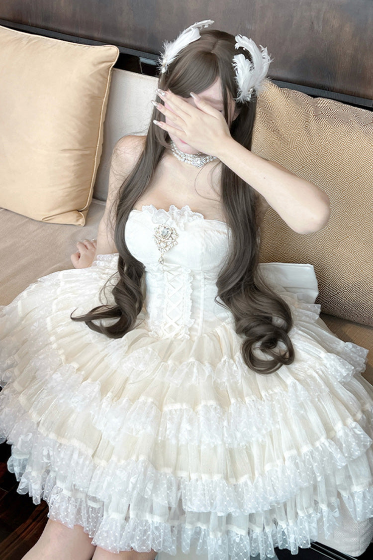 Beige [Heartbeat at First Sight] Off Shoulder Sleeveless Multi-Layered Ruffle Bowknot Lace Lace-Up Sweet Princess Gorgeous Lolita Dress