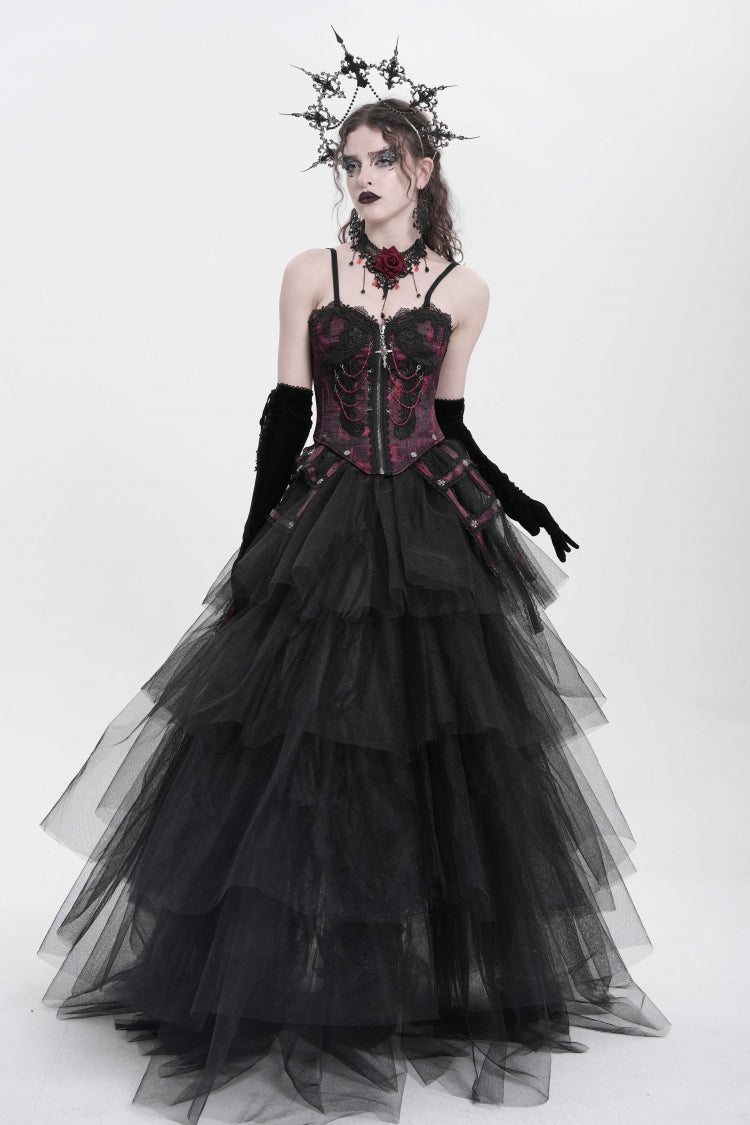 Red Sleeveless Embroidery Lace Chain Women's Gothic Vest