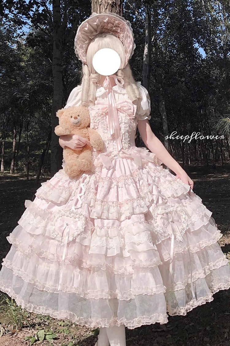 Pink [Sweetheart Diary] Multi-Layered Ruffle Hanayome Embroidery Bowknot Lace Sweet Lolita Jsk Dress