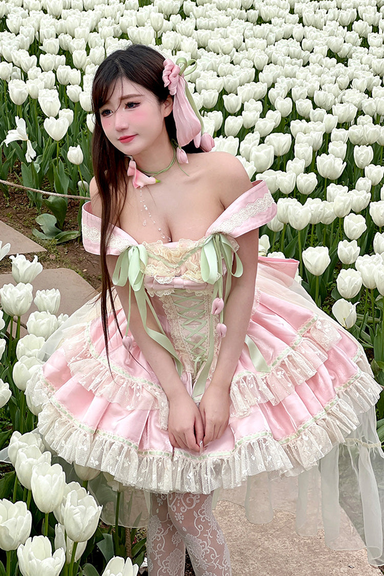 Robe Lolita Princesse Douce Romantique à Nœud Papillon en Dentelle à Lacets à Volants à Double Couche avec Encolure Bateau [Tulip Love Song] Rose 