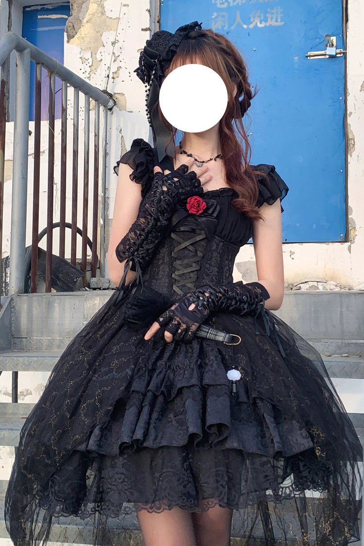 ブラック半袖フリルローズちょう結びエレガントプリンセスゴシックロリータティアードドレス