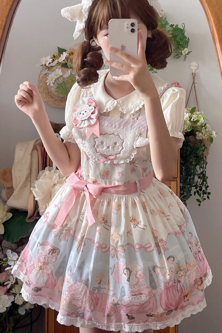 Blue/Pink Sheep Waltz Print Ruffle Bowknot Lace Sweet Lolita Strap Dress