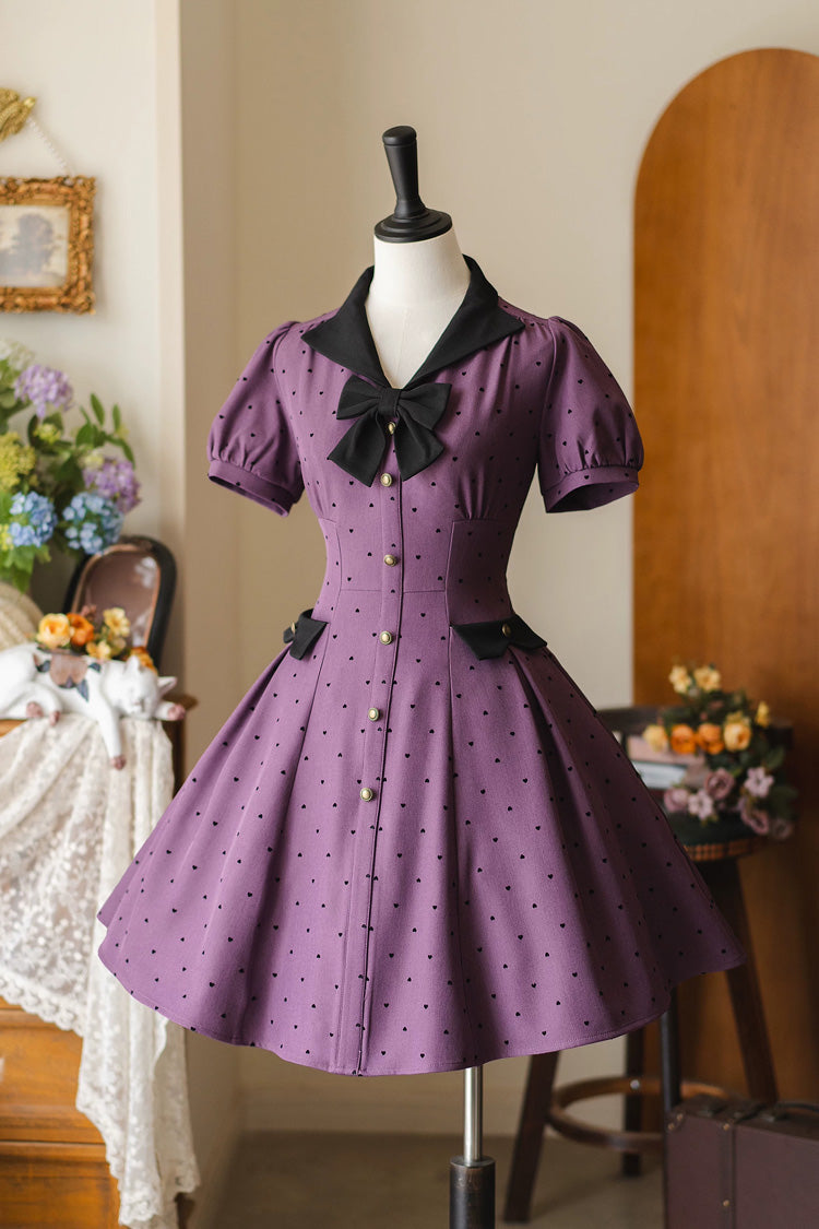 Violet [Forest Boulotty] Col à Revers Manches Courtes En Forme De Coeur À Pois Imprimé Noeud Robe Lolita Douce