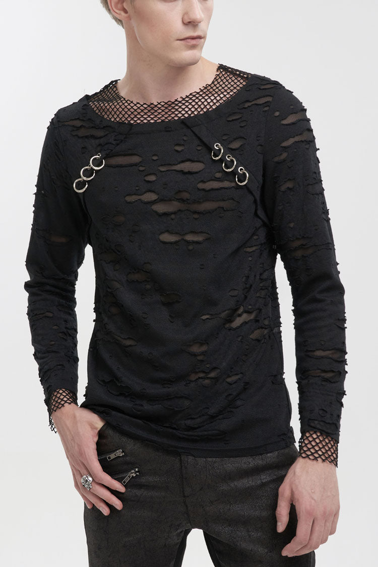 Black Diamond Mesh Irregular Hole Long-Sleeved Men's Punk T-Shirt