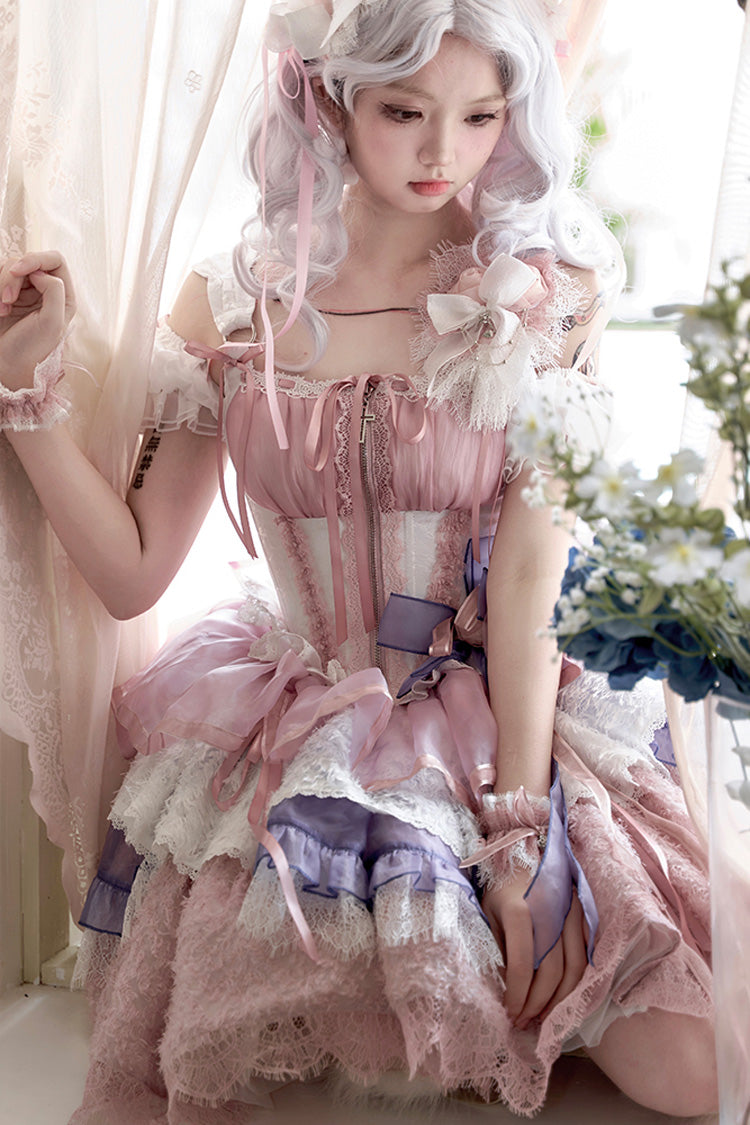 Pink/Purple [Rose Memoirs] Sleeveless Multi-Layered Bowknot Lace Sweet Lolita Skirt Set