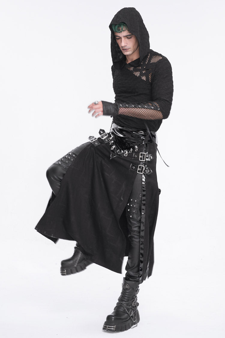 Black Patent Leather Splice Split Men's Punk Skirt