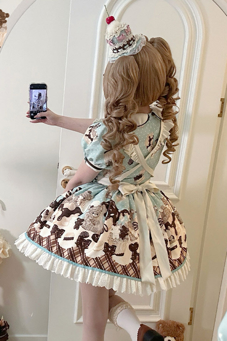 Brown [Peppermint Chocolate] Chocolate Cake Bear Print Ruffle Bowknot Lace-Up Sweet Lolita Dress