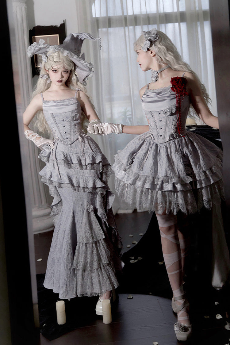 Silver Grey [Twilight] Multi-Layered Ruffle Hollow Lace Gothic Witch Lolita Skirt
