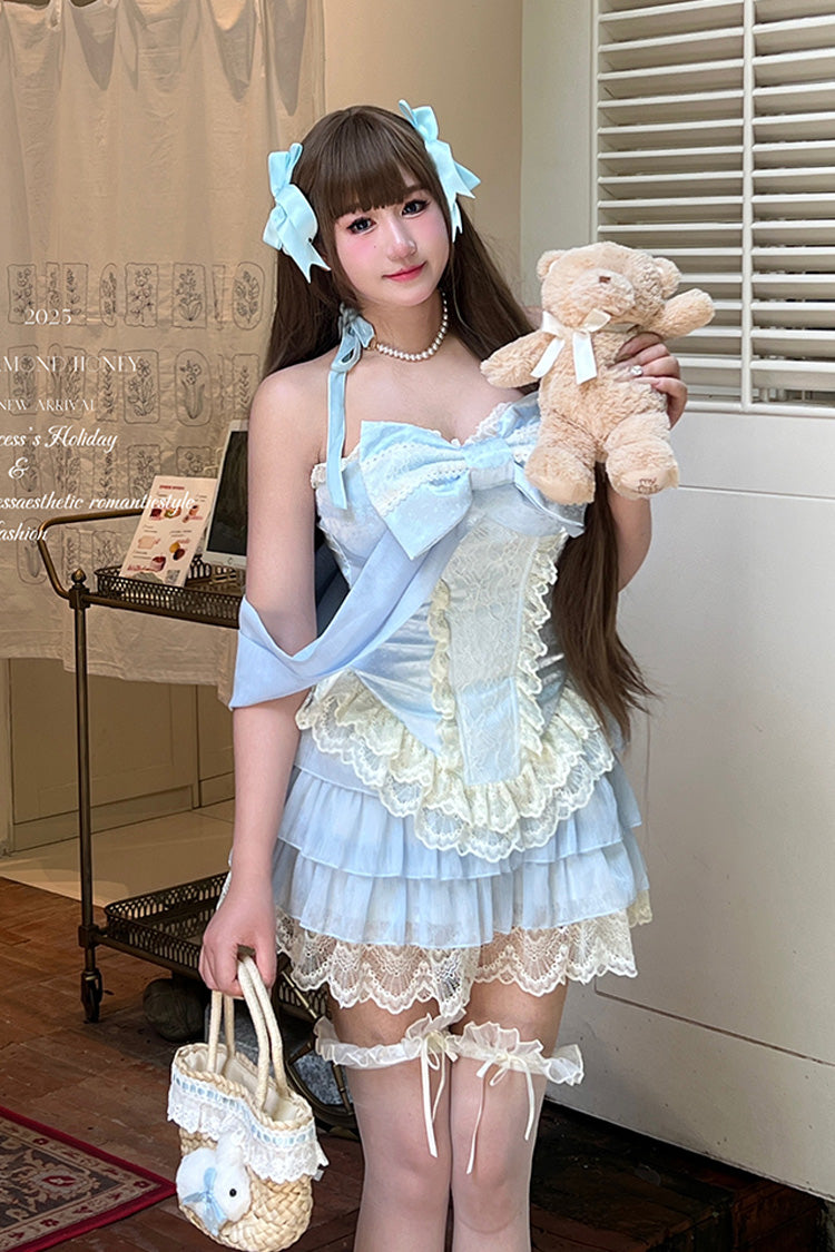 Blue [Antique Girl] Sleeveless Double-Layered Ruffle Bowknot Lace Sweet Lolita Two-piece Skirt Set