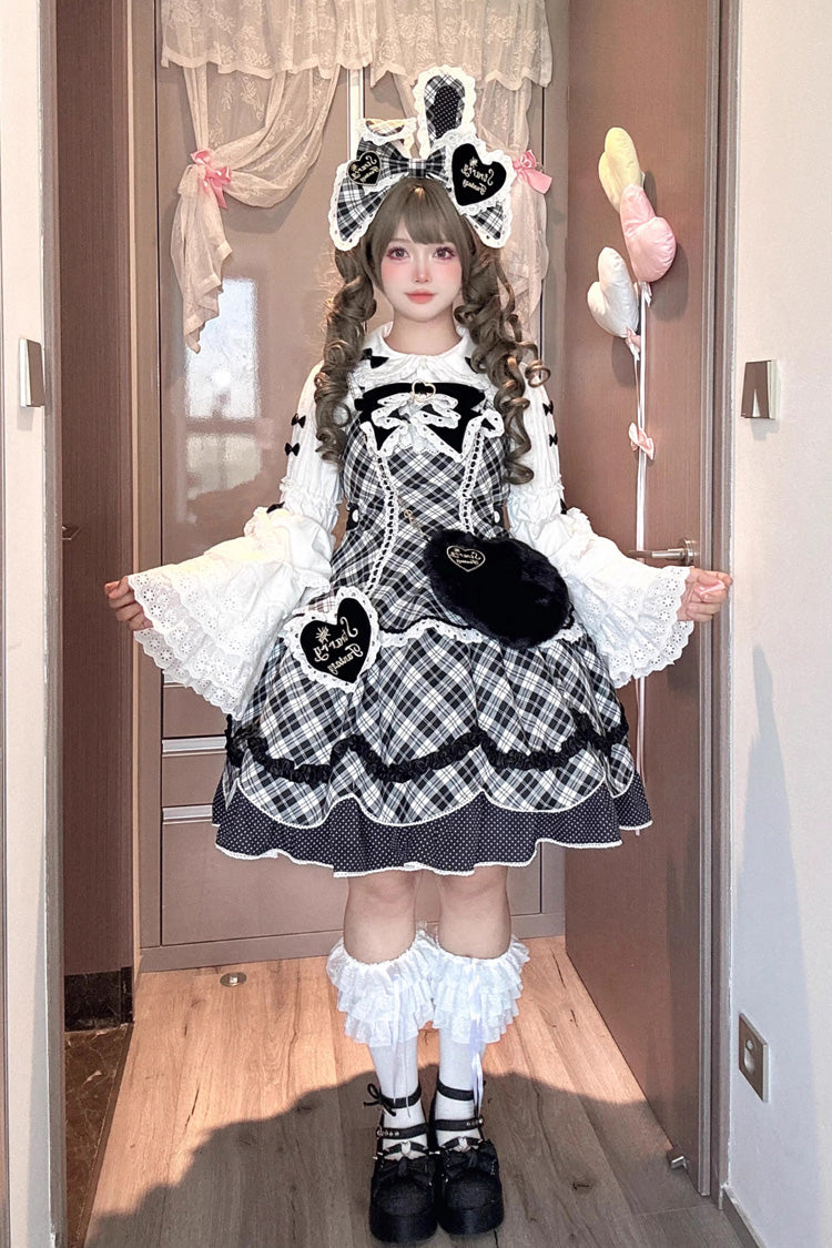 Black/White [Shibuya Sweetheart] Sleeveless Plaid Print Ruffle Bowknot Sweet Lolita Jsk Dress (Plus Size Support)