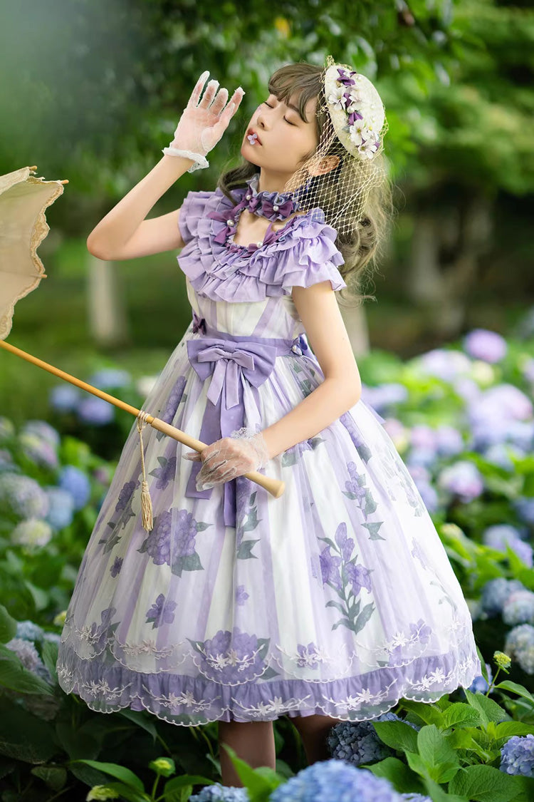 Purple [Endless Summer] Round Collar Sleeveless Hime Sleeves Printed Ruffled Bow Lace Sweet Lolita Dress
