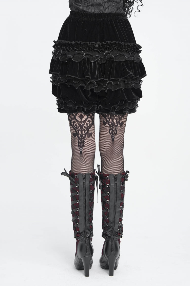 Black Multi-Layered Beaded Ruffled Lace Women's Gothic Velvet Shorts