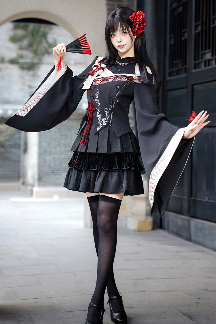 Black [Flowers from Bones] Stand Collar Long Trumpet Sleeves Triple-Layered Ruffled Embroidered Gothic Chinese Inspired Lolita Skirt Set