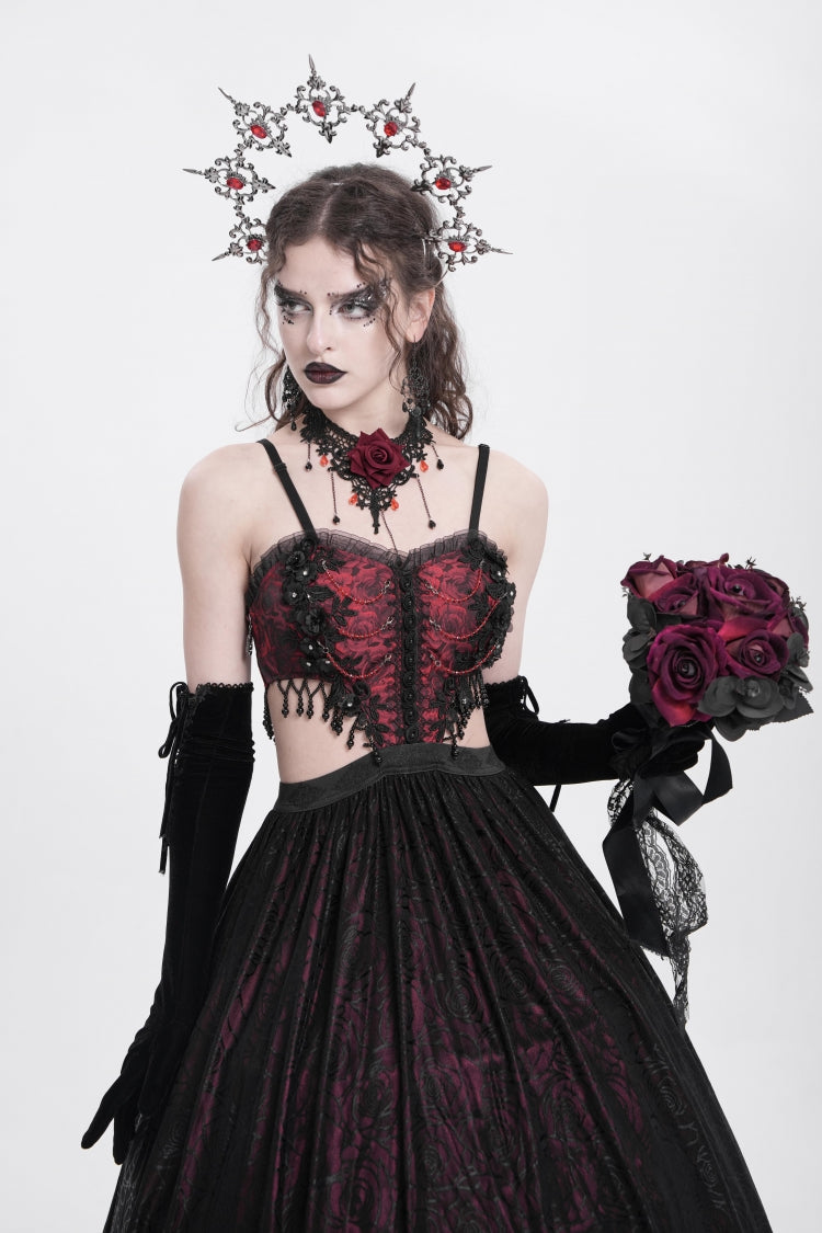Rotes Jacquard-Kleid mit Blumenstickerei, zerrissene Gothic-Party-Unterkleid für Damen 
