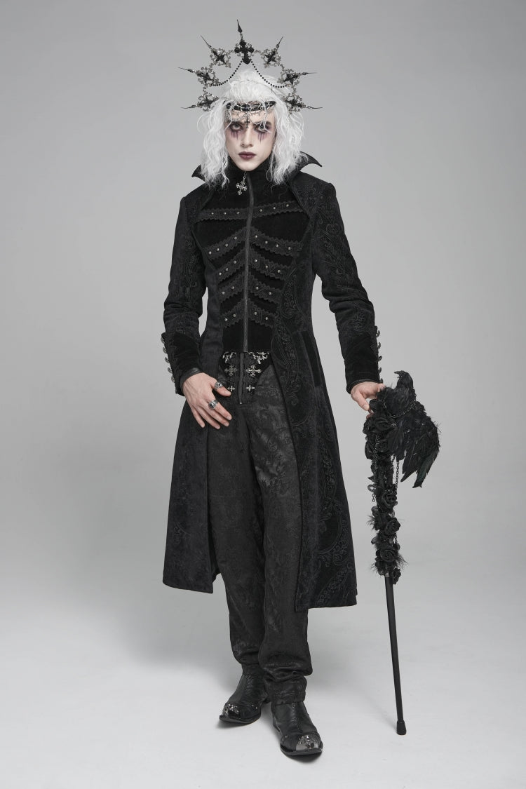 Schwarzer Stehkragen mit Stehkragen und langen Ärmeln, bedruckter langer Gothic-Mantel mit Reißverschluss für Herren in Schwarz