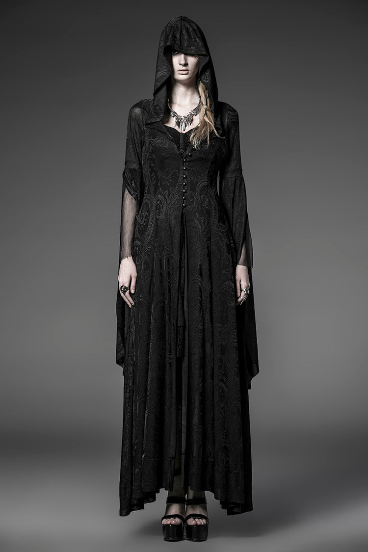 Black Hooded Metal Buckle Long Trumpet Sleeves Embroidery Womens Gothic Dress