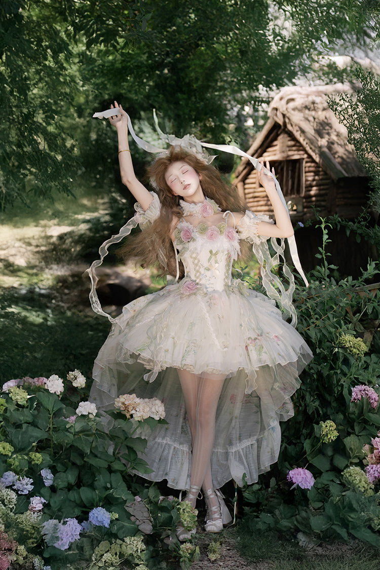Green [Spring Rose] Sleeveless Multi-Layered Bowknot Lace-Up Fishbone Sweet Lolita Jsk Dress