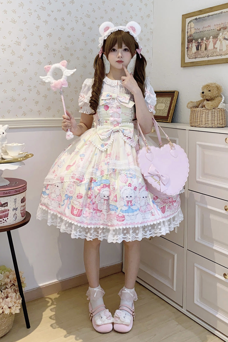Robe Jsk Lolita Douce en Dentelle à Nœud Papillon à Volants Imprimée Jaune [Adorable Lapin Gâteau Sucré] 