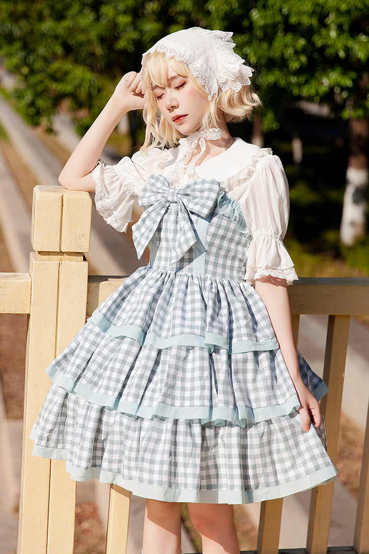 Blue [Cloth Cat] Triple-Layered Plaid Print Ruffle Bowknot Sweet Lolita Dress 2 Colors