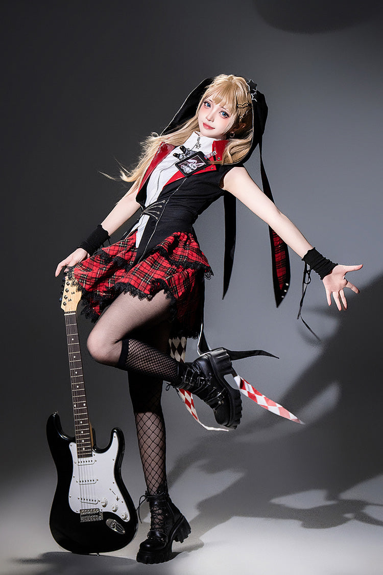 Noir/Rouge [Rock Bunny] Ensemble de Jupe Lolita Punk Sans Manches à Capuche à Double Couche avec Broderie 