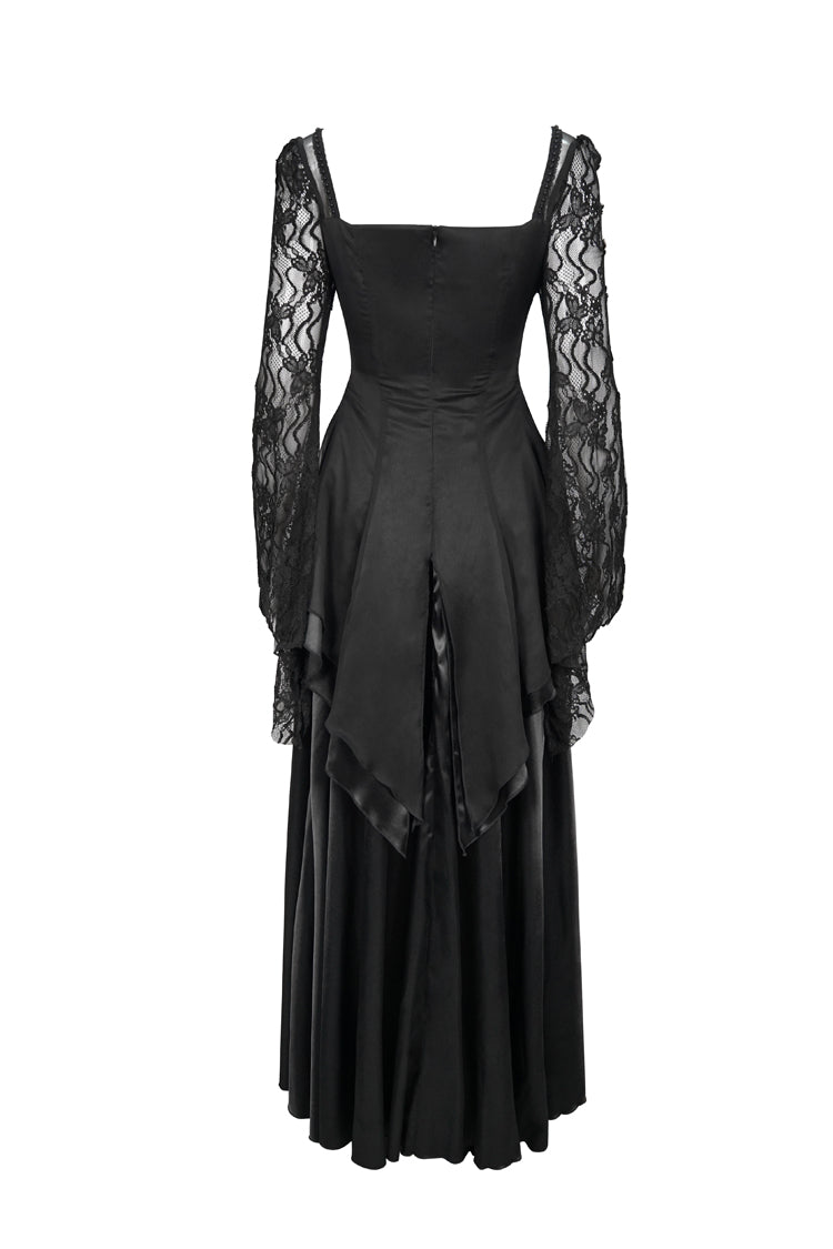 Black Lace Pointy Large Sleeves Back Middle Zipper Satin Long Floor Length Women's Gothic Dress
