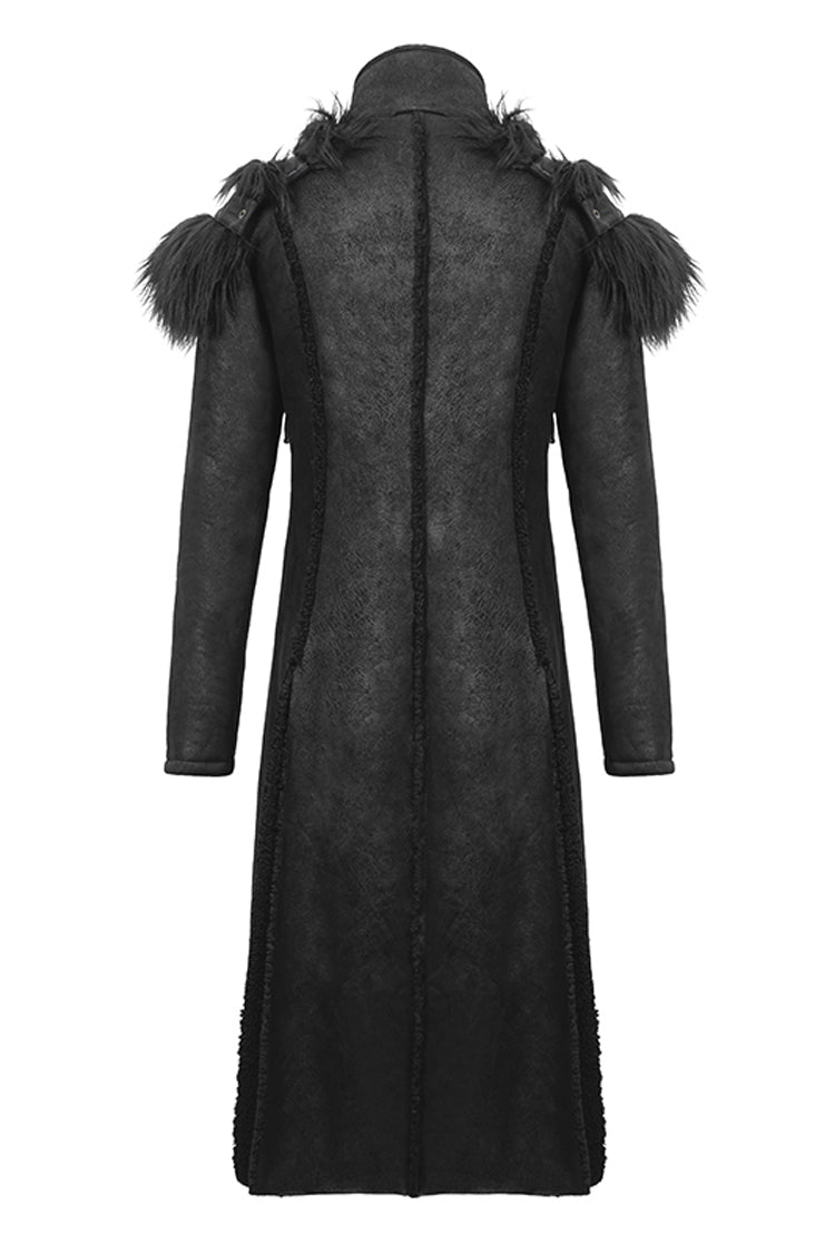 Black Stand Up Collar Shoulder Fur Cape Front Metal Hasp Chest Loops Long Fur Men's Punk Coat
