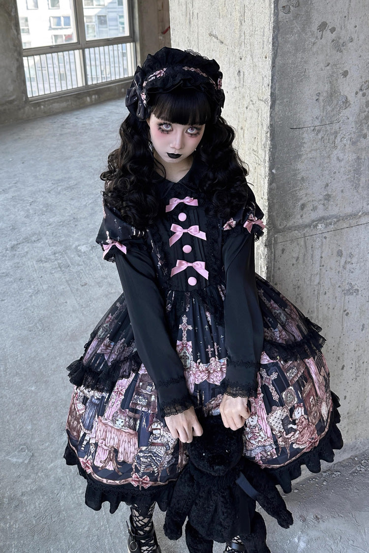 Noir [Le Cas de l'Agneau Disparu] Imprimé Manches Longues Volants Nœud Papillon Dentelle Robe Gothic Lolita 