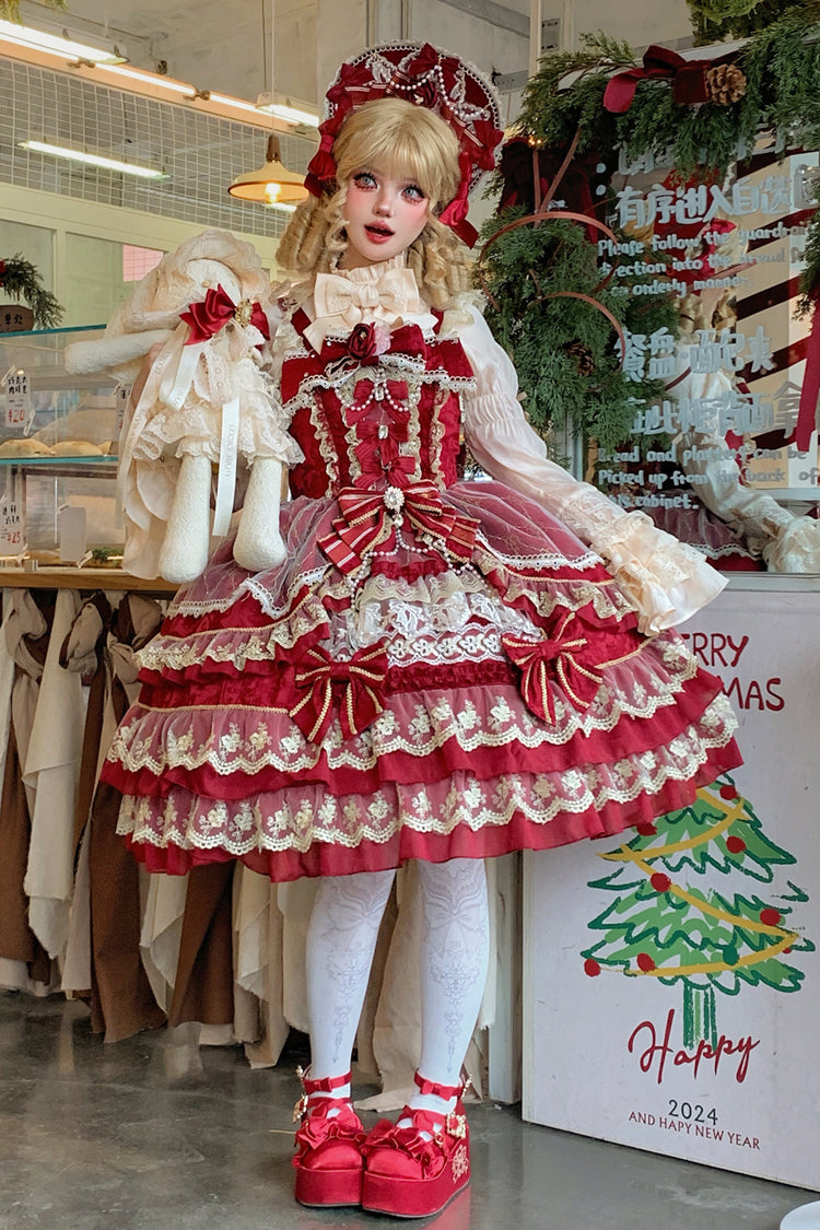 Red [Crown of Gems] Triple-Layered Ruffle Bowknot Lace Sweet Gorgeous Lolita Jsk Dress