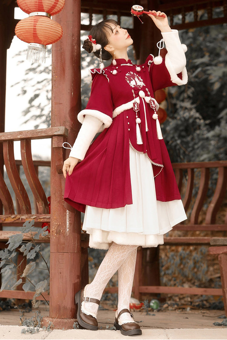 Red Round Collar Long Sleeves High Waisted Rabbits Embroidery Sweet Hanfu Dress Full Set