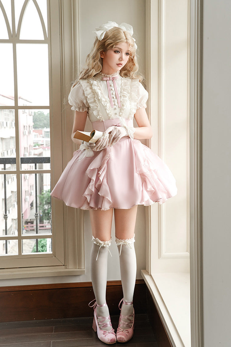 Rose/Abricot [Miss Lola] Col montant Manches courtes Volant Nœud papillon Robe Sweet Lolita 
