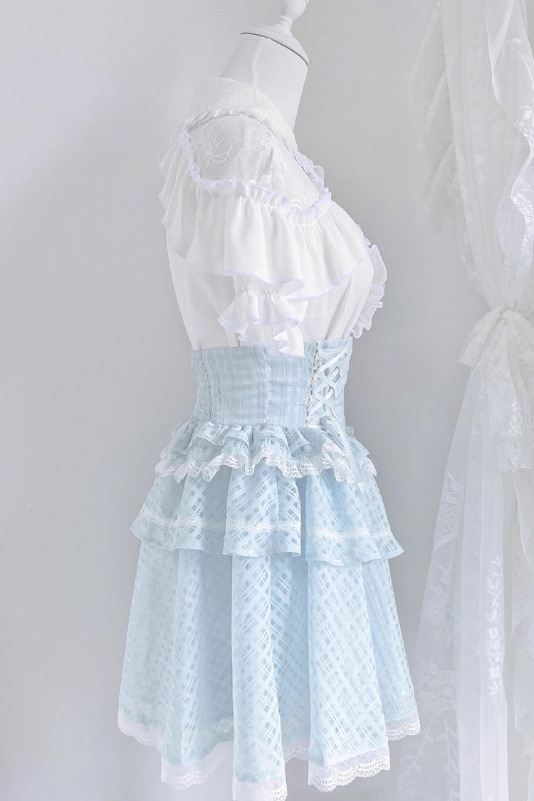 White/Blue Short Sleeves Double-Layered Ruffle Hollow Bowknot Lace-Up Jirai Kei Japanese Skirt Set