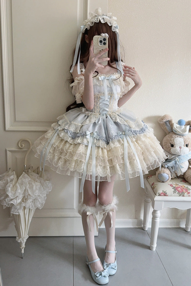 Blue [Ribbon Heart Love] Sleeveless Multi-Layered Ruffle Bowknot Lace Lace-Up Sweet Princess Ballet Lolita Jsk Dress