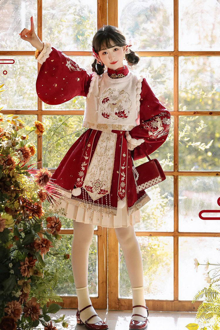 赤[新春の馬]スタンドカラーランタンスリーブハイウエストジャガード刺繍レディース甘い漢服ドレスセット